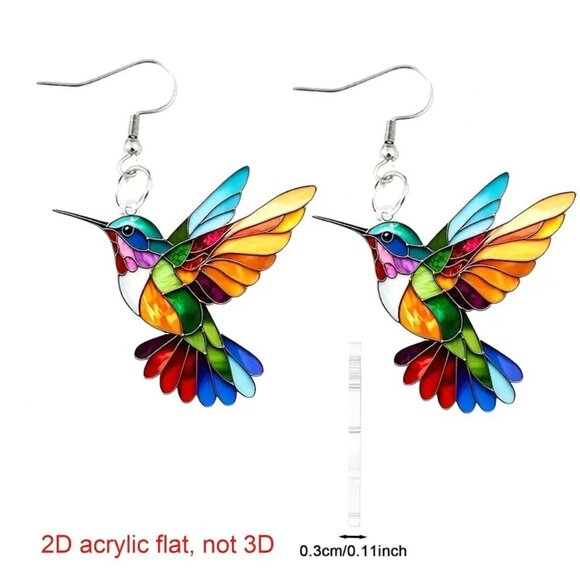 Hummingbid Earrings Bird Dangle Colorful Fun Whimsical Rainbow Sylish Mosaic NEW - Picture 2 of 3